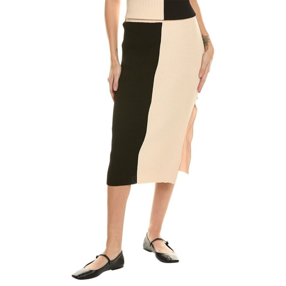 STAUD Black and Cream Midi Skirt